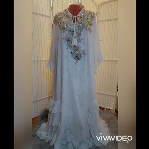 White Silver Sequins Sheer custom chiffon ruffle beaded layer kaftan maxi dress